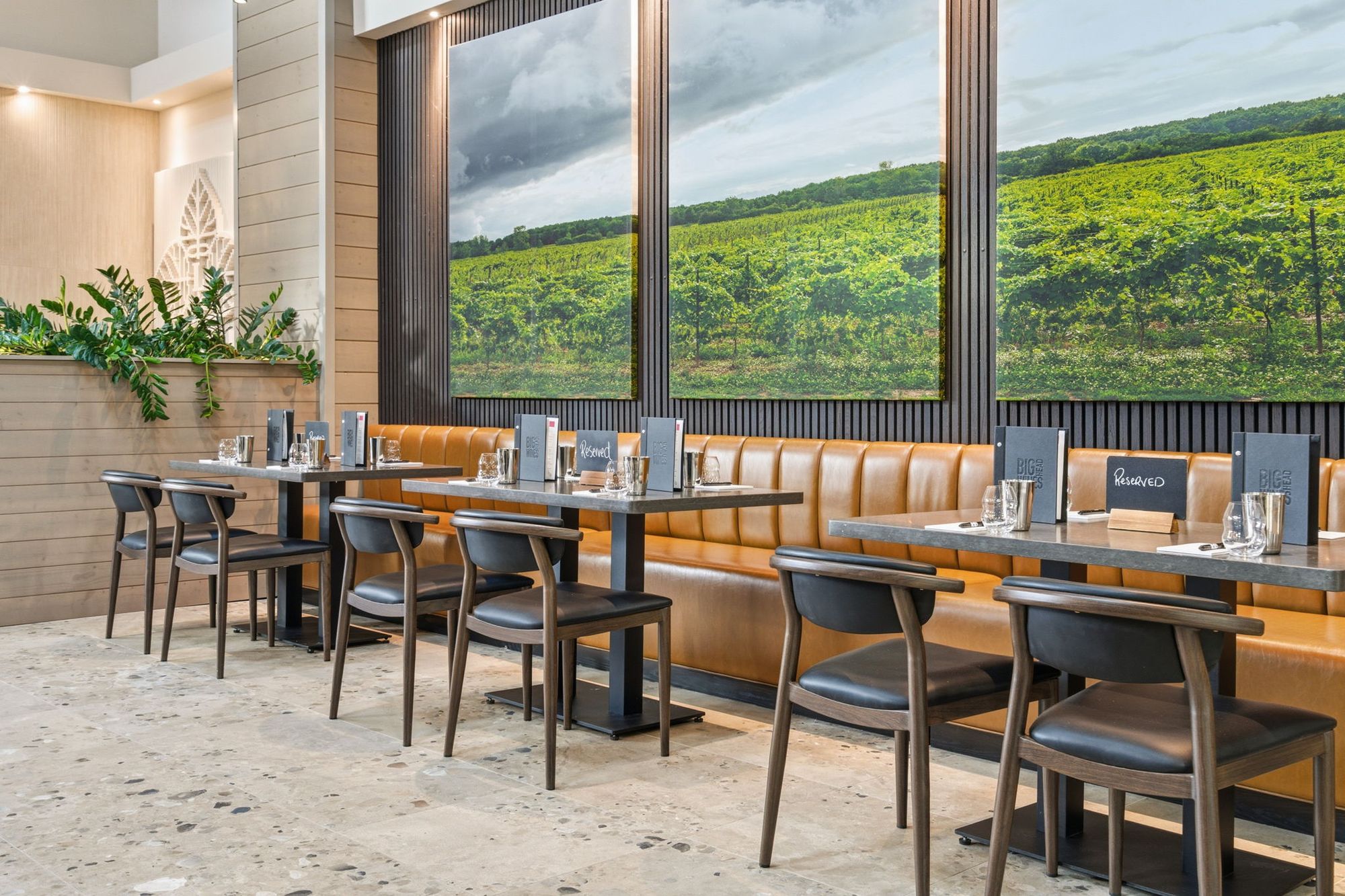 Leather banquettes along the vineyard wall