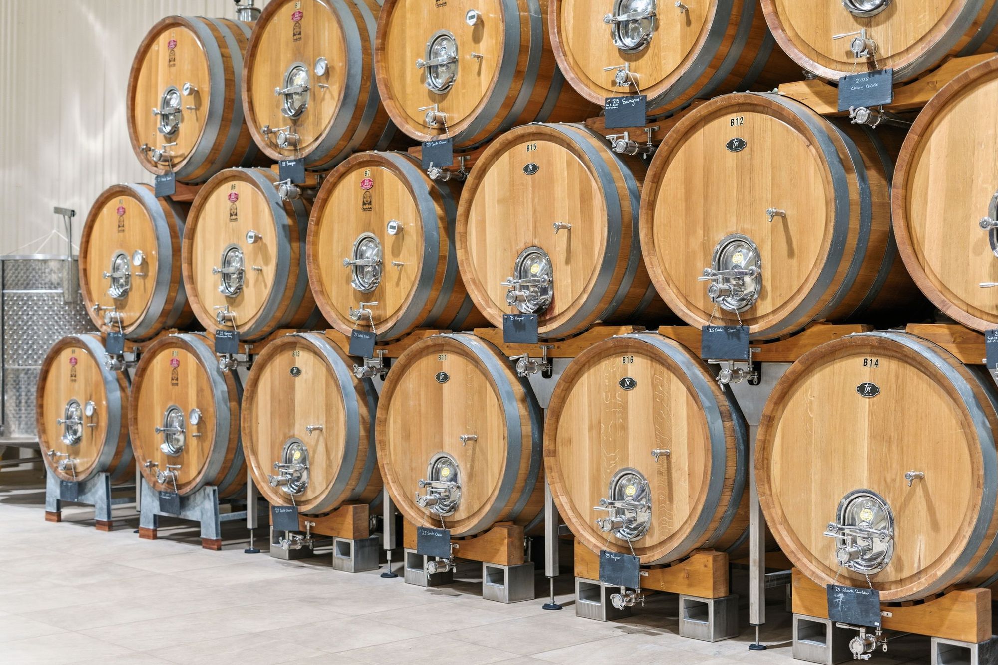 Oak barrels stacked four high