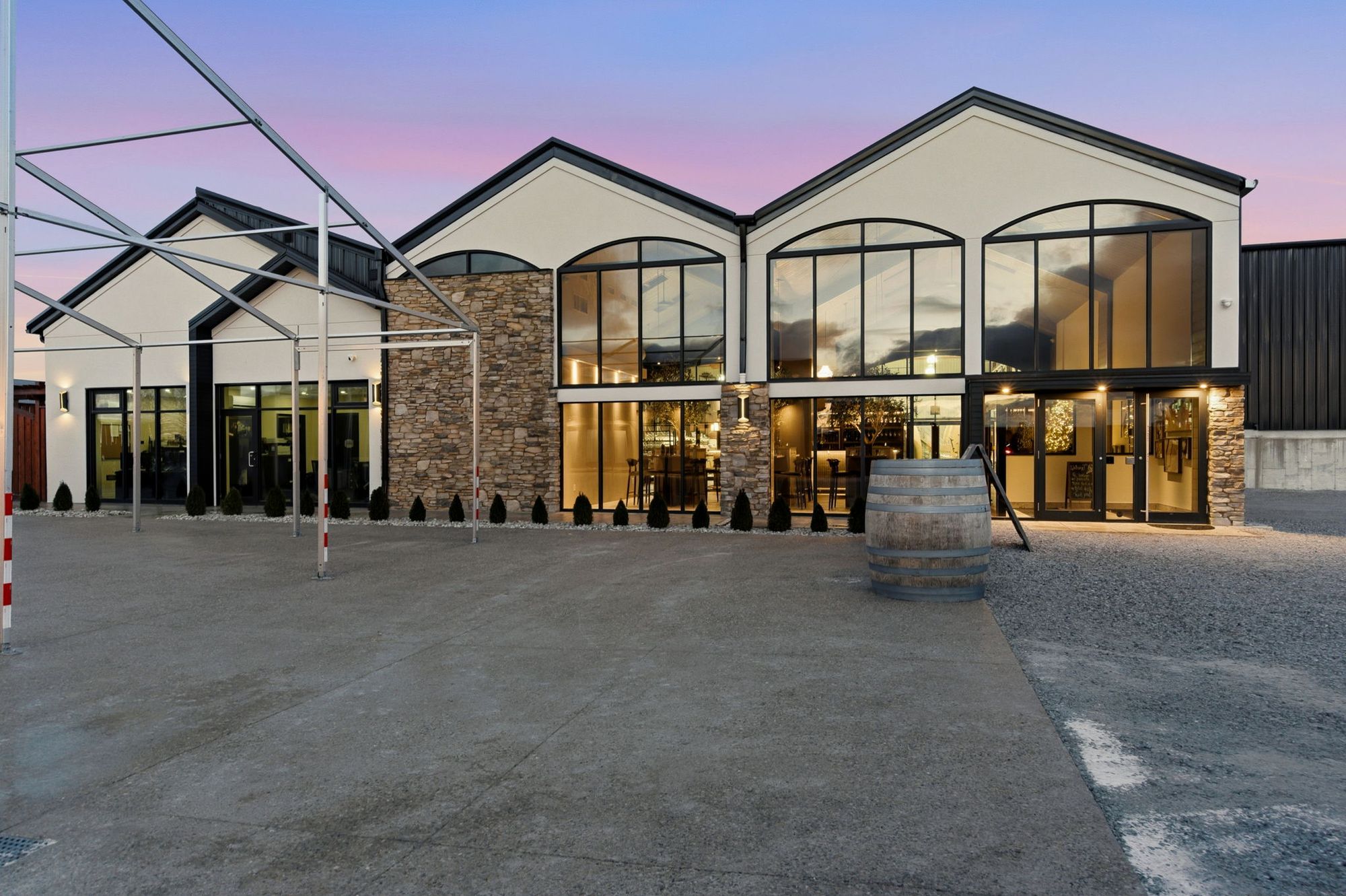 The winery and the courtyard at dusk