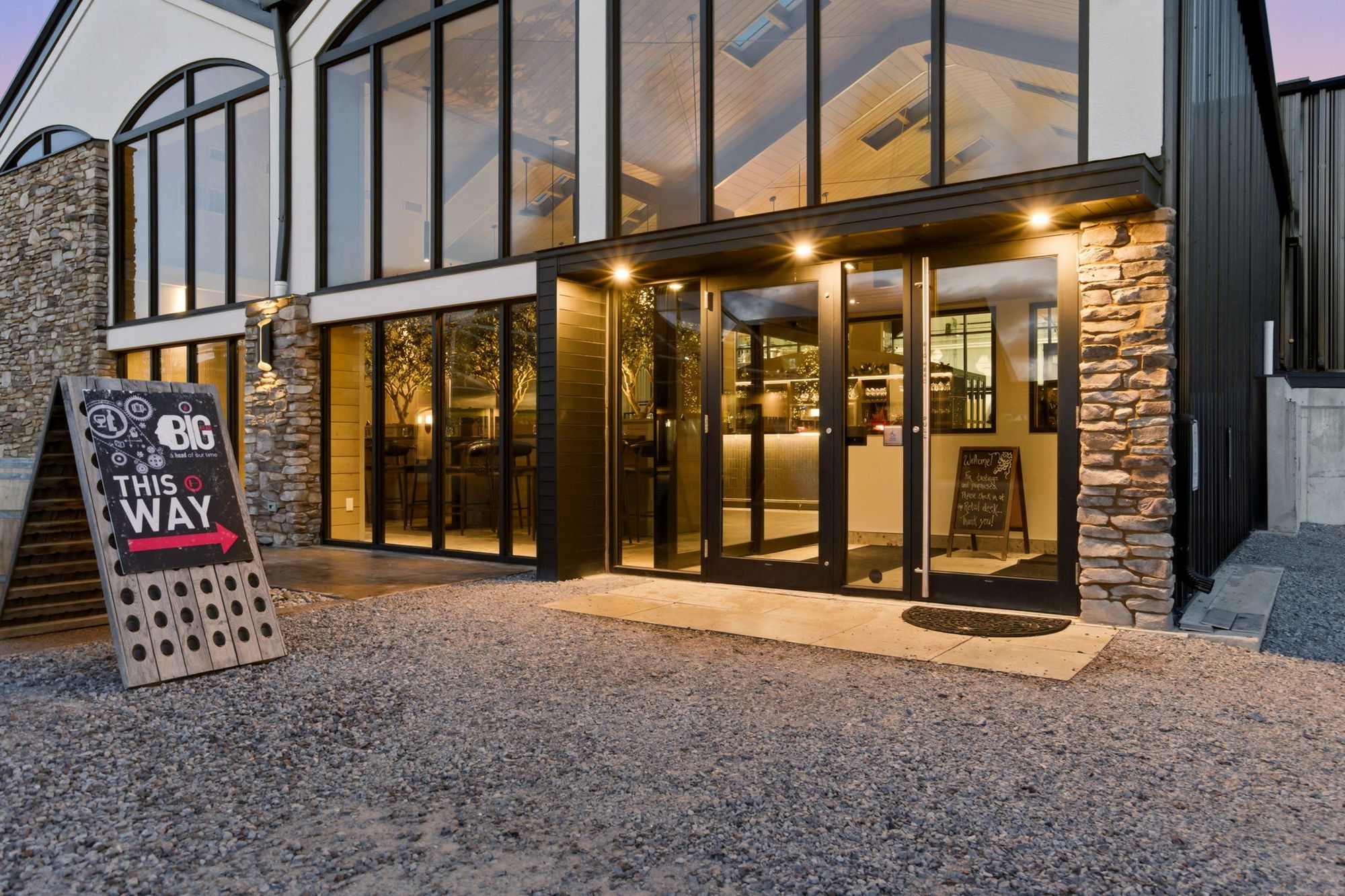 The tasting room entrance at dusk