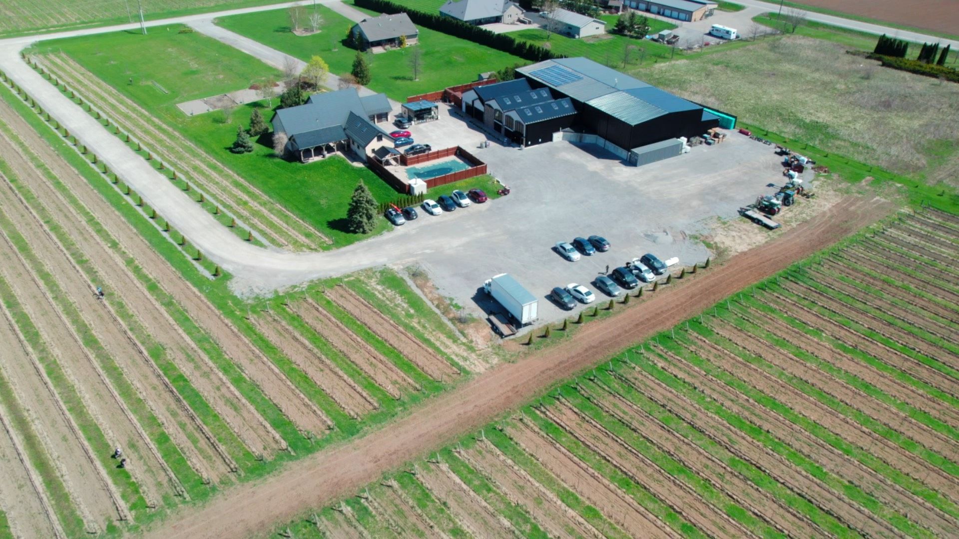 The winery, the residence and the vines from the air in spring (still from the property film)