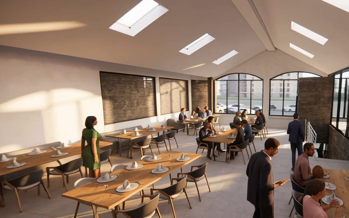 Diners in the upper-level restaurant under the skylights (concept rendering)