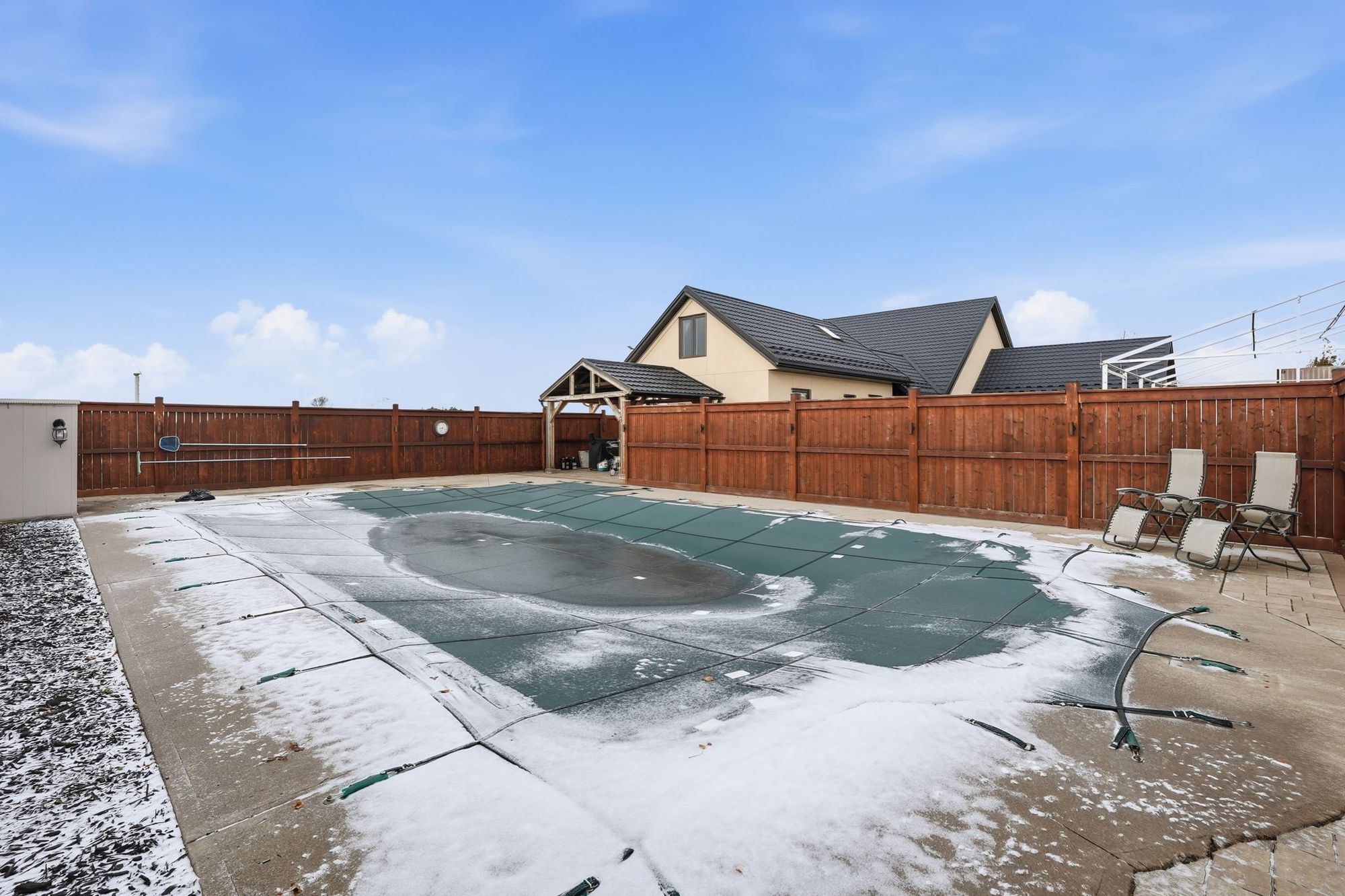 The in-ground pool, covered for winter