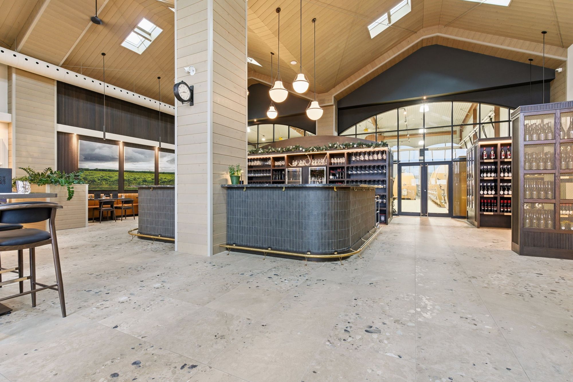 The tasting bar under the vaulted ceiling