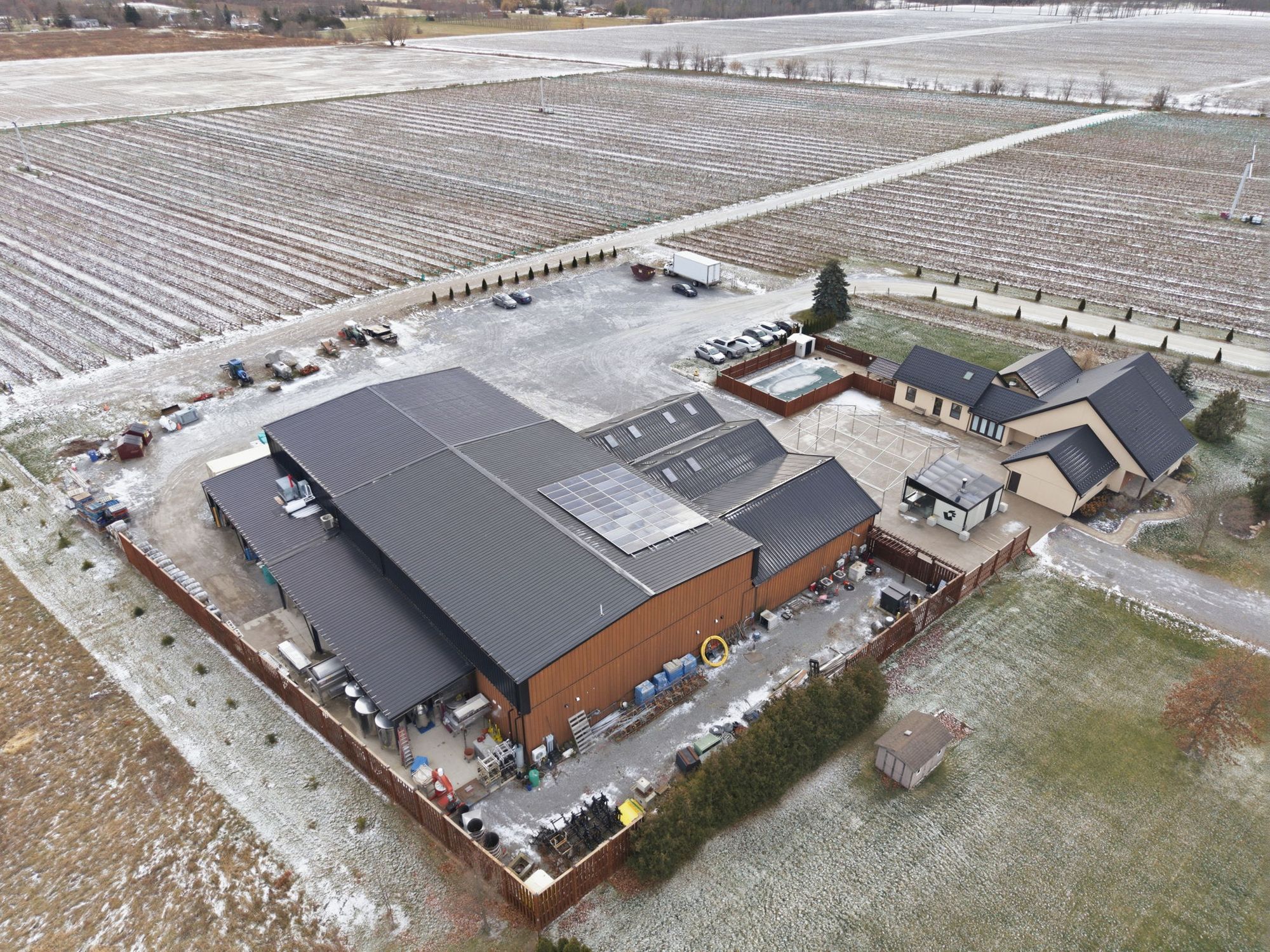 The winery, the courtyard and the residence from above in early winter